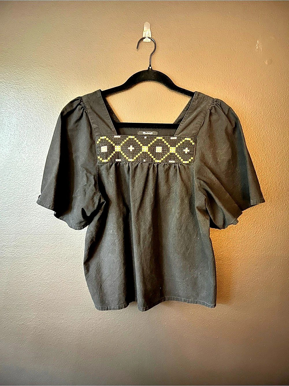 Madewell Black Embroidered Square-Neck Flutter Sleeve Top - Size Small